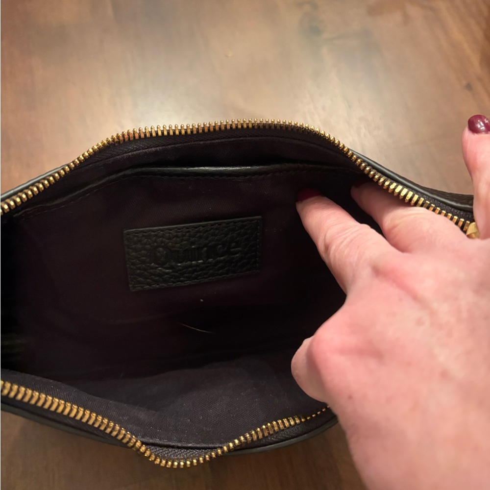 Quince Black Italian Pebbled Leather Mini Crescent Shoulder Bag Gold Hardware - Picture 4 of 6